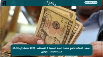 أسعار الدولار ترتفع مجددًا اليوم السبت 9 أغسطس 2025 لتصل إلى 48.48 جنيه بالبنك المركزي